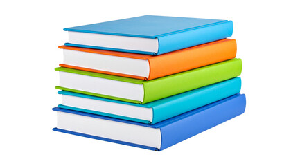 A stack of five hardcover books with colorful covers arranged in a neat pile.