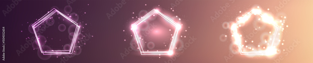 Poster neon frame in pentagon form with shining effects and sparkles