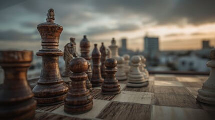 A chessboard in mid-game on a rooftop, strategy and life decisions -