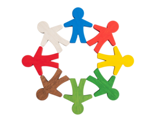 Colorful human figures arranged in a circle holding hands, symbolizing unity and diversity.