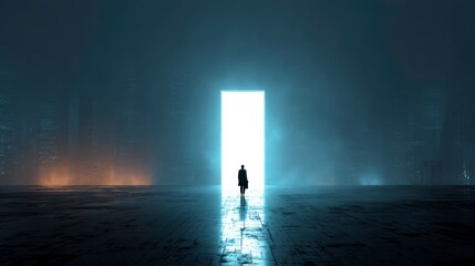 A figure walking into a glowing doorway in the middle of a dark city, stepping into potential 
