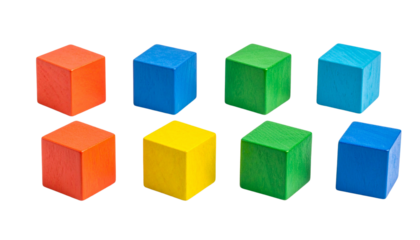 Eight colorful wooden cubes arranged in two rows.