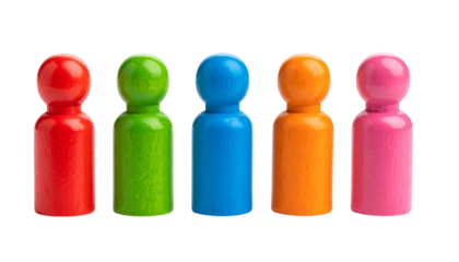 Five colorful wooden game pieces arranged in a row.