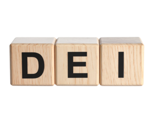 Wooden blocks display bold black letters spelling "DEI".