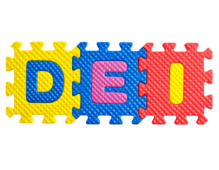 Colorful foam puzzle pieces displaying the letters D, E, and I.