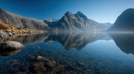 A mountain reflected in still water, balance and inner strength 