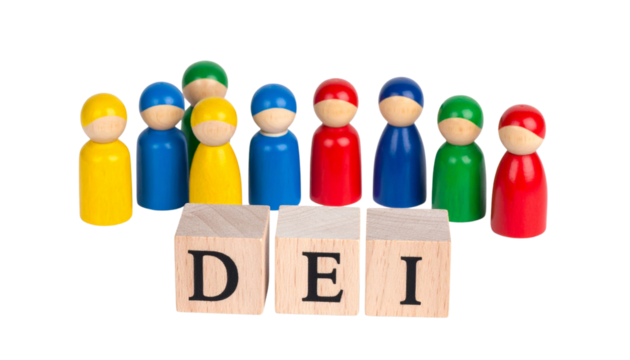 Colorful wooden figures stand behind blocks displaying the letters DEI.