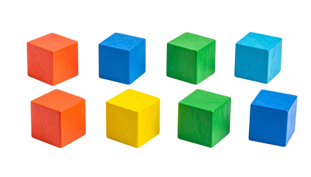 Eight colorful wooden cubes arranged in two rows.