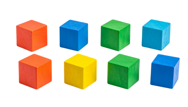 Eight colorful wooden cubes arranged in two rows.