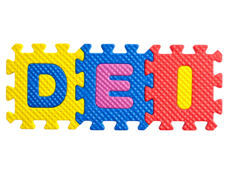 Colorful foam puzzle pieces displaying the letters D, E, and I.