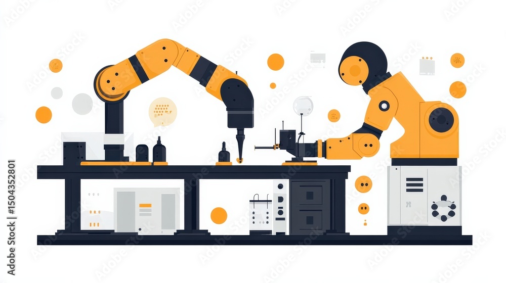 Poster robotic arms assembling products in a modern factory with technology and efficiency