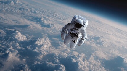 An astronaut floating peacefully above Earth, perspective and clarity -