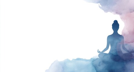 Minimalist white banner for International Day of Yoga featuring a left-aligned watercolor figure in Tree or Lotus Pose, in soft blue, lavender, and earthy tones. Right side left empty for text.