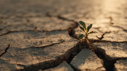 Close-up of a seedling breaking through dry soil, hope and perseverance