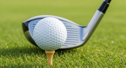 golf ball on tee with a club in the background