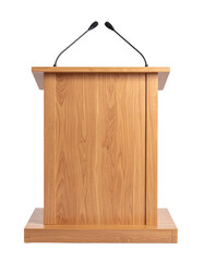 Wooden podium with dual microphones designed for speeches and presentations.
