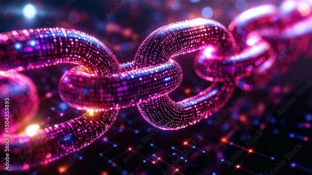Poster close-up of a vibrant, glowing digital chain link against a futuristic background of data connection