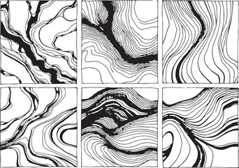 Set of Abstract compositions with smooth lines reminiscent of generative patterns . Emphasis on tactile textures. Hand drawn vector illustration	