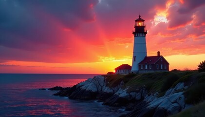 Fototapeta premium New England lighthouse at sunset, dramatic sky, New Haven, cliff, golden hour