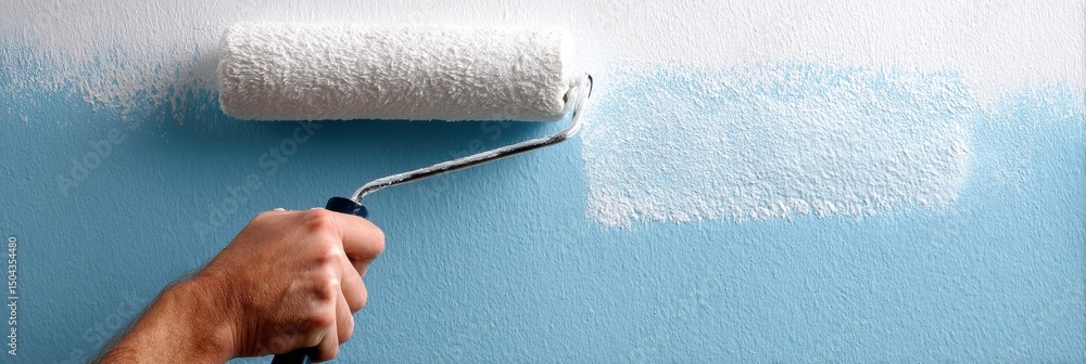 Aufkleber worker using roller to paint wall in light blue color with clear margin left on surface