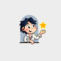 cartoon logo mascot of cute handsome man emerging from the window greeting the star shining brightly very cute and cool