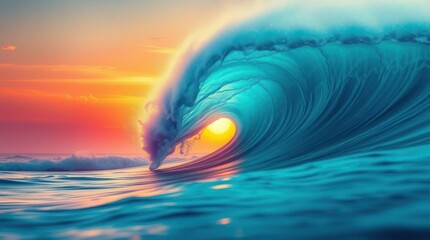 Majestic wave cresting under radiant sunset glow