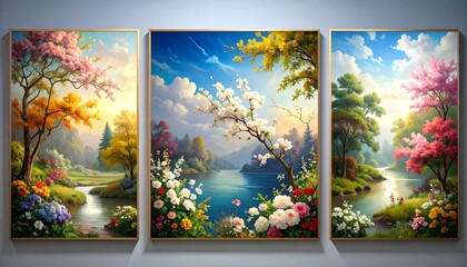 Triptych Painting Serene Landscape with Seasonal Trees and Flowers