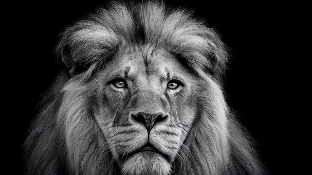 Majestic lion head portrait in black and white with a striking frontal gaze against a solid black background showing power and beauty.