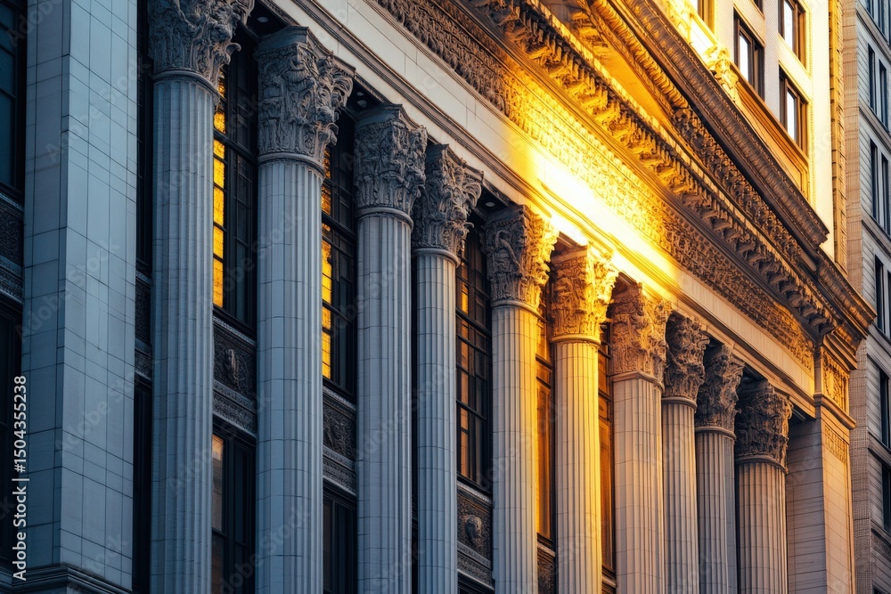 Poster elegant architectural columns reflecting warm light in urban setting