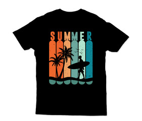 Retro Surfing Summer T-Shirt Design with Palm Trees and Ocean Waves