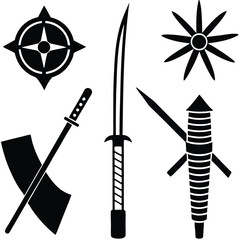 Fototapeta premium Ancient Japanese Warrior Weapons Swords, Shields, and Throwing Stars - Black and White Vector Illustrations
