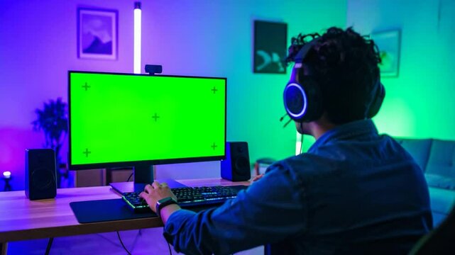 Gamer playing video games on a PC with a green screen. Neon lights illuminate the room.  