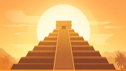 Modern geometric illustration of a Mayan pyramid, featuring clean lines and contemporary design elements