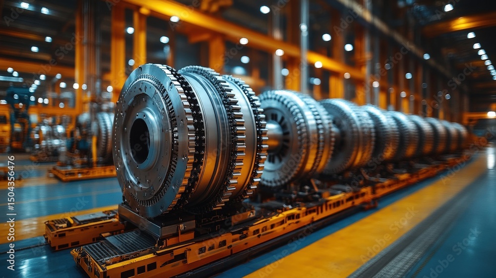 Poster industrial scene showcasing large turbine engines on transporters within a factory setting