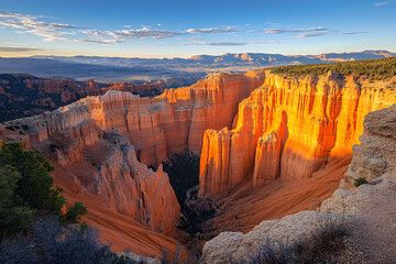 A dramatic canyon carved through arid mountains, its deep orange rock walls glowing under midday sun