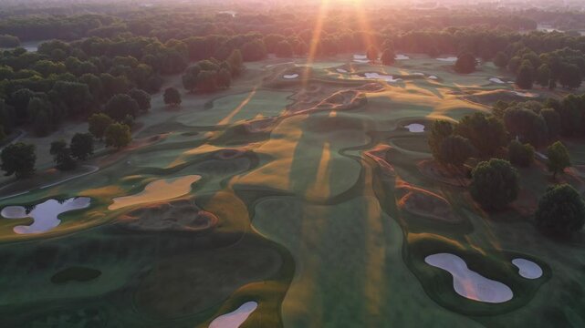 Aerial view of golf course at sunrise with lush green fairways  