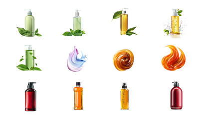 Collection of cosmetic bottles and cream swirls isolated on transparent background