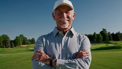 Elderly man smiling with arms crossed on golf course in sunlight  