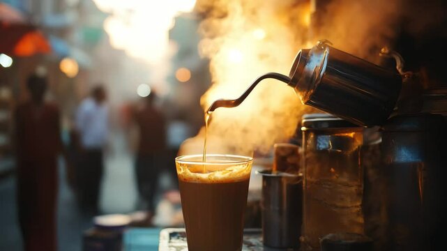 A man pours coffee into a glass from a silver teapot. The scene is set in a busy cafe with people around
