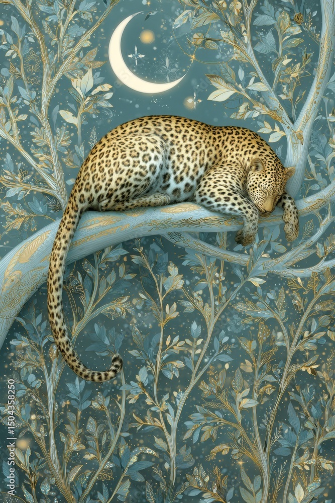 Poster leopard resting on a branch under the moonlight, evoking serenity and representing conservation effo