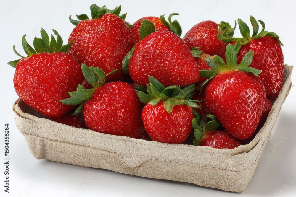 Poster fresh strawberries in a cardboard container, representing healthy eating and summer produce, ideal f