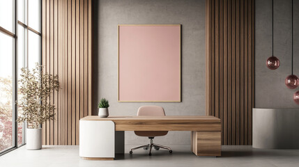 Vertical poster mockup in a sleek executive office featuring a wooden panel accent wall, modern elegant desk