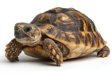 Fototapeta premium Close-Up of a Hermann's Tortoise on White Background, Symbolizing Longevity and Wildlife Conservation Efforts : Generative AI