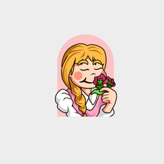 mascot logo of a cute, cheerful and beautiful girl like a princess breathing in the fragrance of her favorite flower