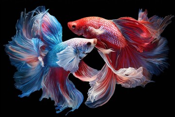 Fototapeta premium Two Betta Fish Swimming Together in Vivid Red and Blue Colors, Symbolizing Harmony and Aquatic Beauty for Conservation Awareness : Generative AI