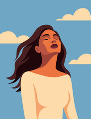 Vector illustration of a beautiful African American woman with closed eyes looking at the sky. Symbol of freedom, feminism, female dignity. Movements for gender equality and women's empowerment