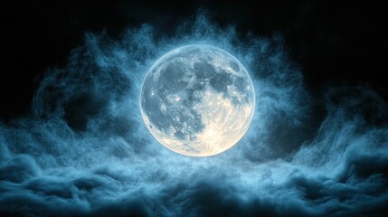 Full moon shrouded in ethereal blue clouds against a dark night sky.
