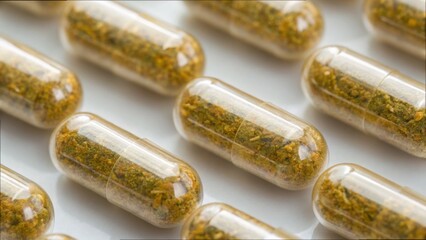 Transparent Capsules with Herbal Ingredients on White Background