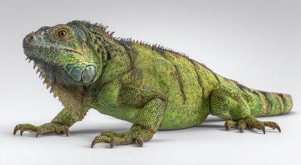 Fototapeta premium Green Iguana Lizard Close-Up on White Background, Symbolizing Wildlife Conservation and Exotic Pet Ownership : Generative AI