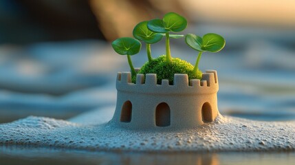 Miniature sandcastle with tiny plants growing on top, on a beach at sunset.